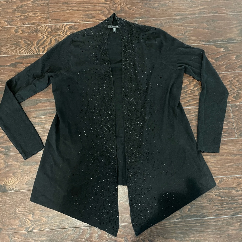 Eileen Fisher open cardigan Black Merino Wool Bead Embellishing Women Size Small